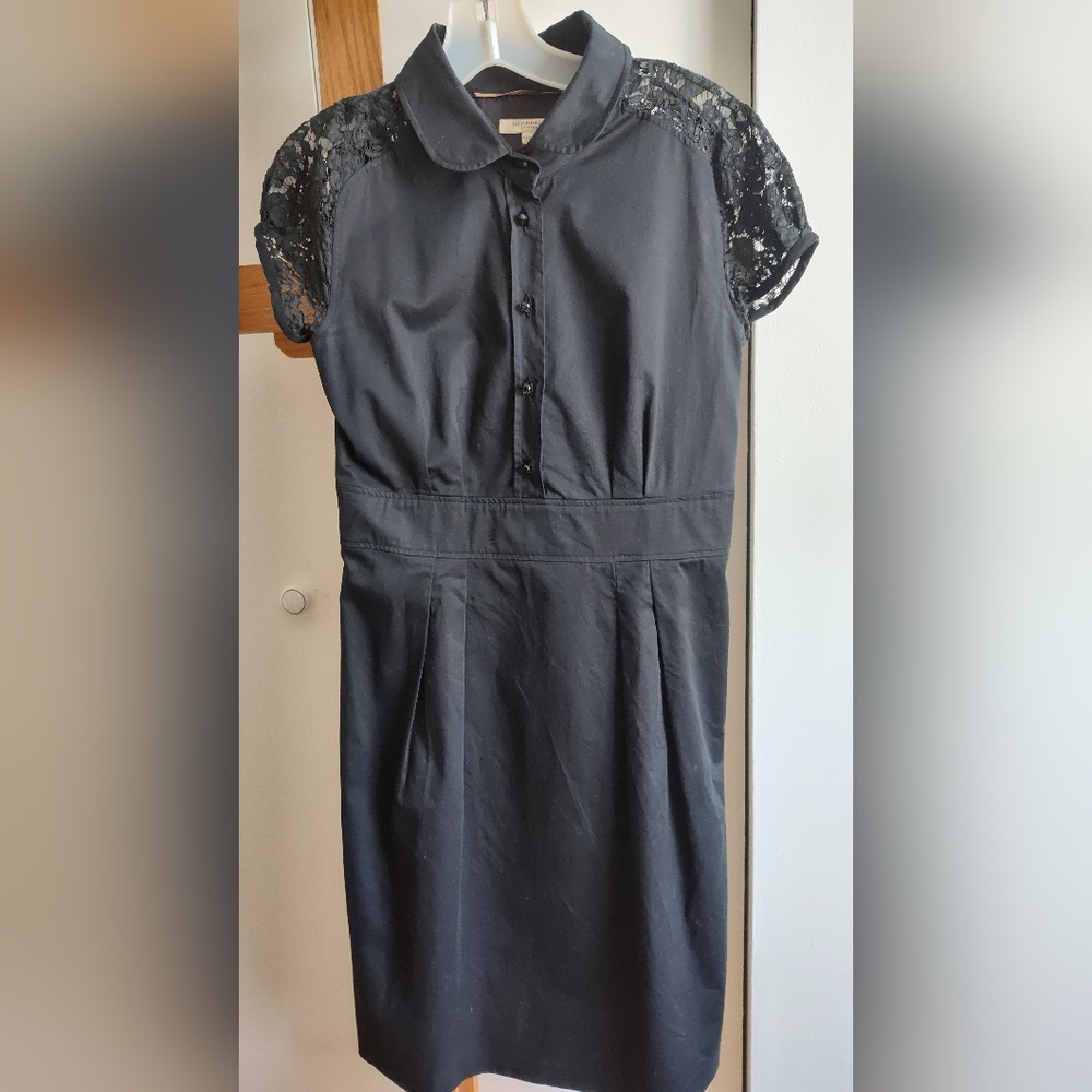 Burberry black cotton dress, size 8, s/s, lace sleeve. Silk lining,